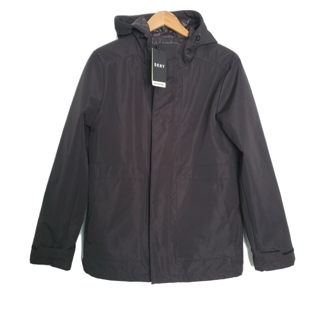 NEW DKNY Mens Jacket Black Full-Zip Hooded Jacket